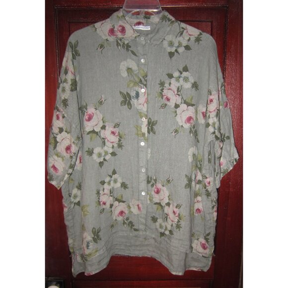 Miss Rose Sister Violet OS XL Linen Tunic Top Blouse Big Shirt Floral Lagenlook - Picture 1 of 3